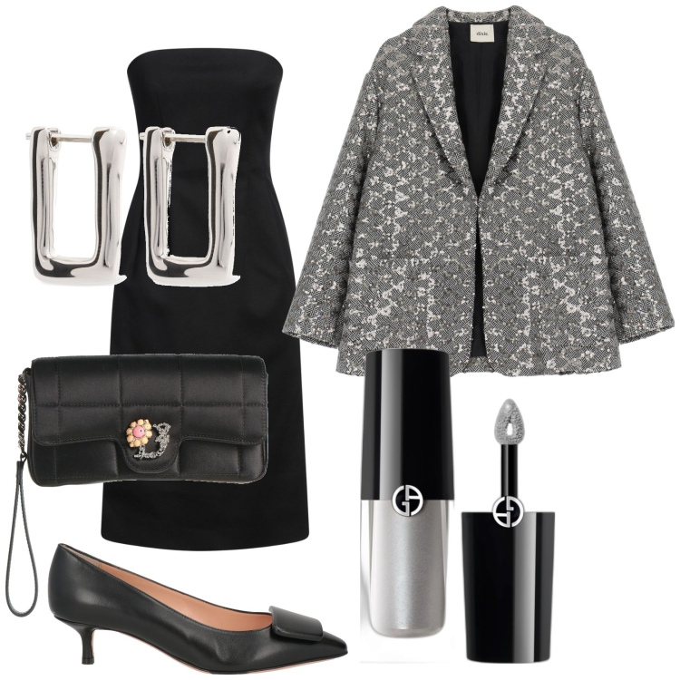 Outfit donna - L\'ombretto liquido Armani. Stile Glamour per Cerimonia. Abbinamento con ombretti, vestiti midi/longuette, borse a mano, décolleté, blazer, orecchini.