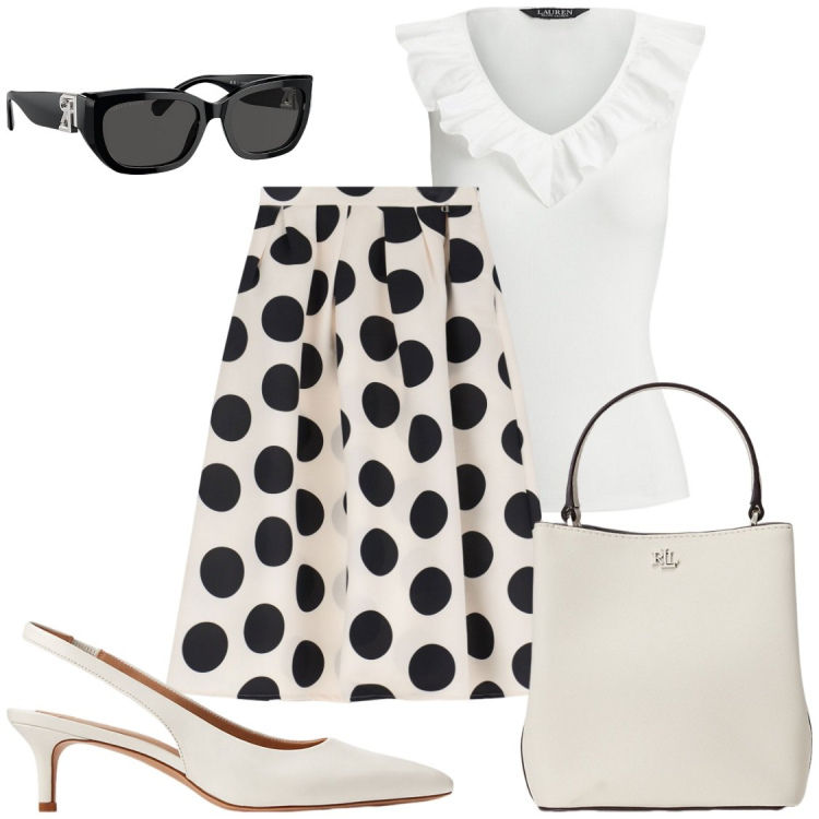 Outfit donna - Come Sofia Loren. Stile Glamour per Serata fuori. Abbinamento con occhiali da sole, décolleté, top, borse a secchiello, gonne longuette.