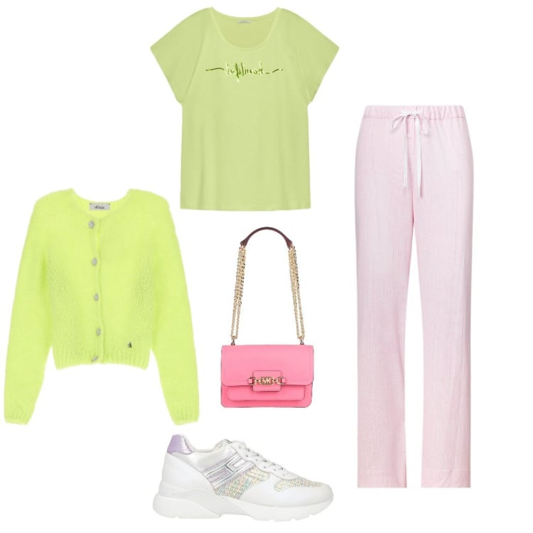 Outfit donna - Passeggiata. Stile Casual per Tutti i giorni. Abbinamento con sneakers, borse a spalla, cardigans, pantaloni, t-shirt.