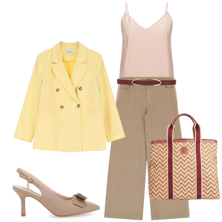 Outfit donna - Scent of spring. Stile Casual chic per Ufficio. Abbinamento con borse a mano, top, pantaloni, cinture, blazer, décolleté.