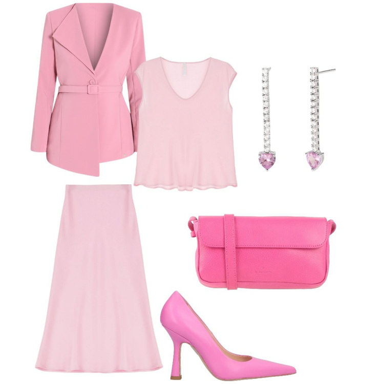 Outfit donna - Primavera in rosa. Stile Bon Ton per Serata fuori. Abbinamento con décolleté, borse a tracolla, orecchini, gonne longuette, top, blazer.