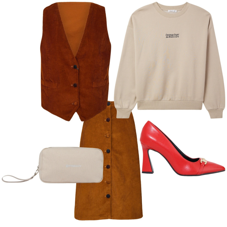 Outfit donna - Gonna e gilet. Stile Casual chic per Serata fuori. Abbinamento con felpe, décolleté, valigie, gonne longuette, gilet.