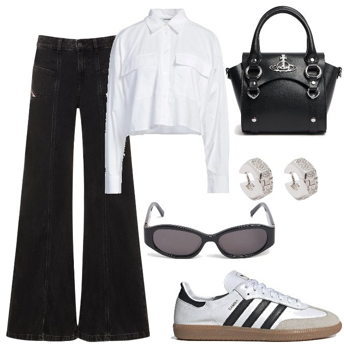 Outfit donna - Total look #2076049. Stile Trendy per Tutti i giorni. Abbinamento con camicie, jeans, sneakers, borse a mano, occhiali da sole, orecchini.