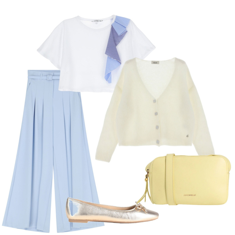 Outfit donna - Aspettando la primavera. Stile Bon Ton per Tutti i giorni. Abbinamento con borse a tracolla, ballerine, t-shirt, pantaloni, cardigans.