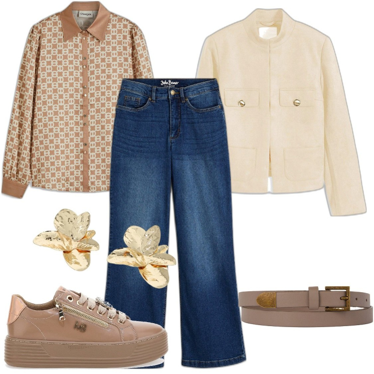 Outfit donna - Giorni di sole a marzo. Stile Casual chic per Tutti i giorni. Abbinamento con jeans, blazer, bluse, orecchini, cinture, sneakers.