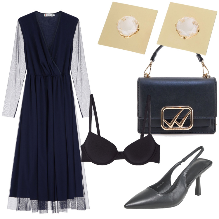 Outfit donna - Total look. Stile Trendy per Serata fuori. Abbinamento con reggiseni push-up, décolleté, vestiti, orecchini, borse a tracolla.