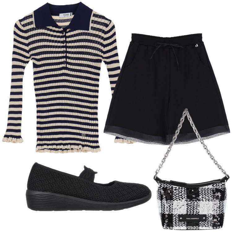 Outfit donna - I’m a girl. Stile Preppy per Tutti i giorni. Abbinamento con borse a mano, maglieria, shorts, ballerine.