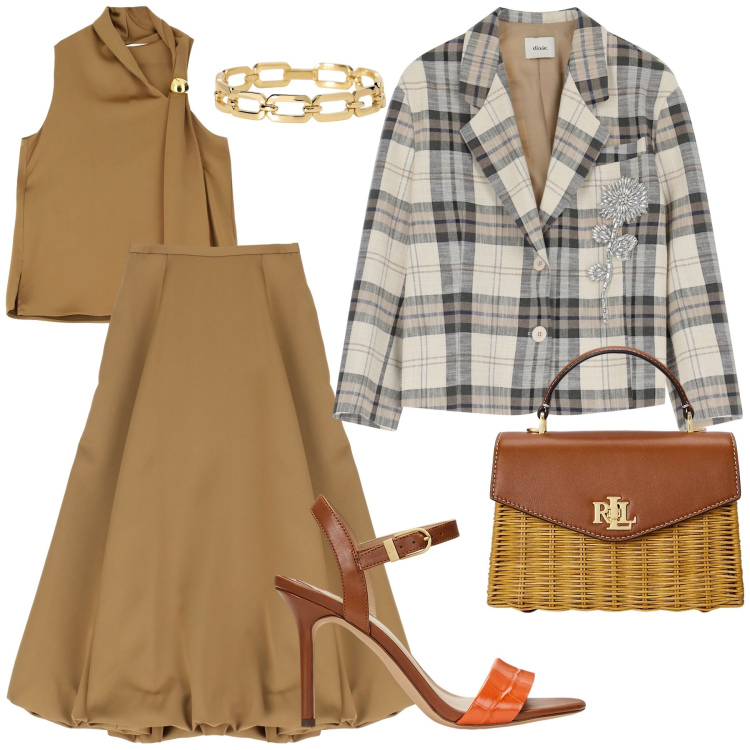 Outfit donna - A casa da amici a cena. Stile Chic per Serata fuori. Abbinamento con braccialetti, gonne longuette, top, blazer, borse a mano, sandali in pelle.