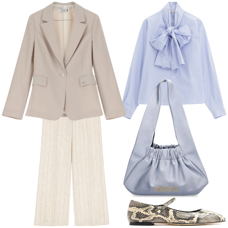 Outfit donna - Bow. Stile Bon Ton per Ufficio. Abbinamento con blazer, camicie, pantaloni a palazzo, borse a spalla, ballerine.