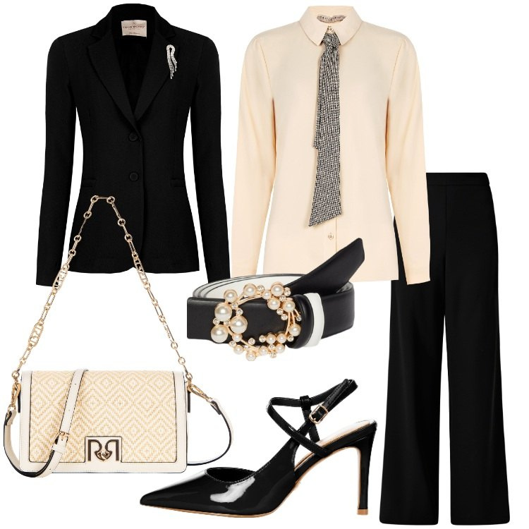 Outfit donna - Auguri a tutte le donne. Stile Chic per Serata fuori. Abbinamento con bluse, décolleté, blazer, pantaloni, borse a spalla, cinture.