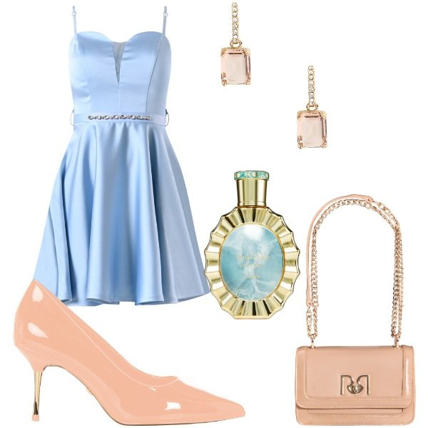 Outfit donna - w le donne. Stile Chic per Cerimonia. Abbinamento con profumi, vestiti corti, borse a tracolla, décolleté, orecchini.