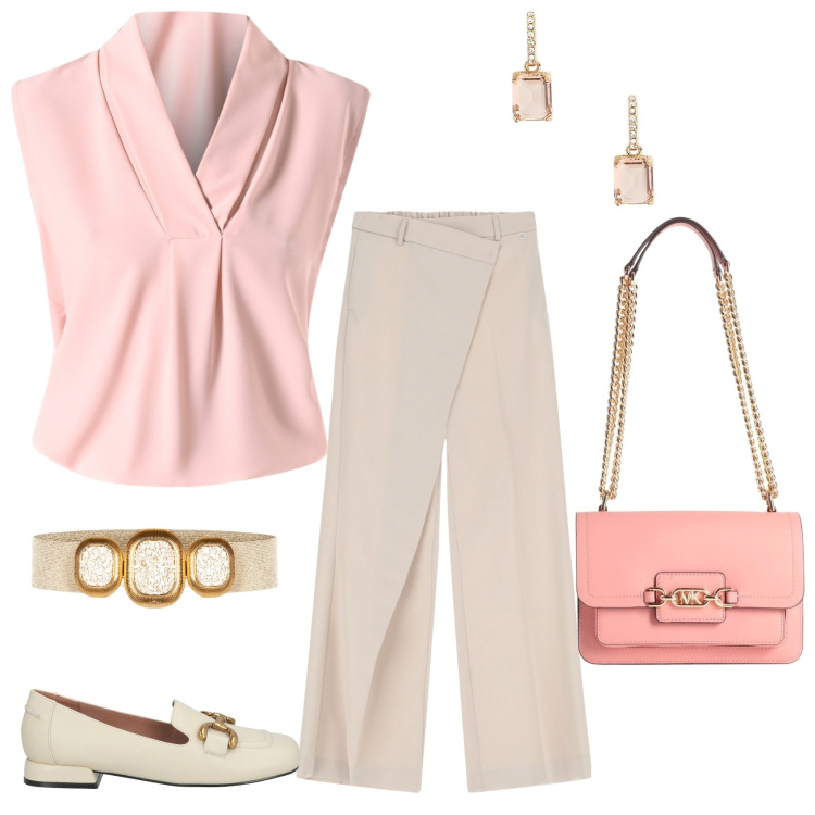 Outfit donna - Aperitivo in piazza. Stile Casual chic per Serata fuori. Abbinamento con mocassini, borse a spalla, bluse, cinture, pantaloni, orecchini.