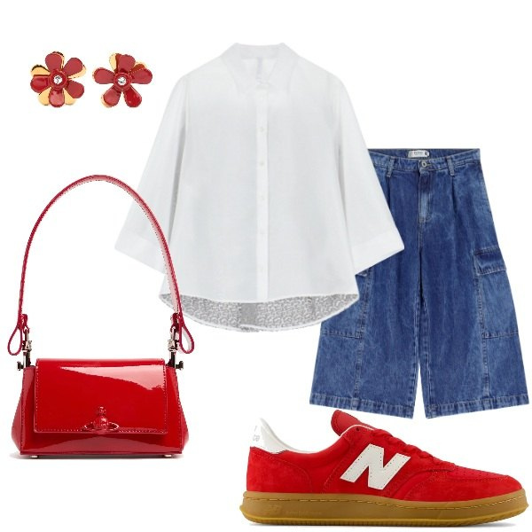 Outfit donna - Aspettando la primavera. Stile Trendy per Tutti i giorni. Abbinamento con sneakers, bermuda, camicie, borse a spalla, orecchini.