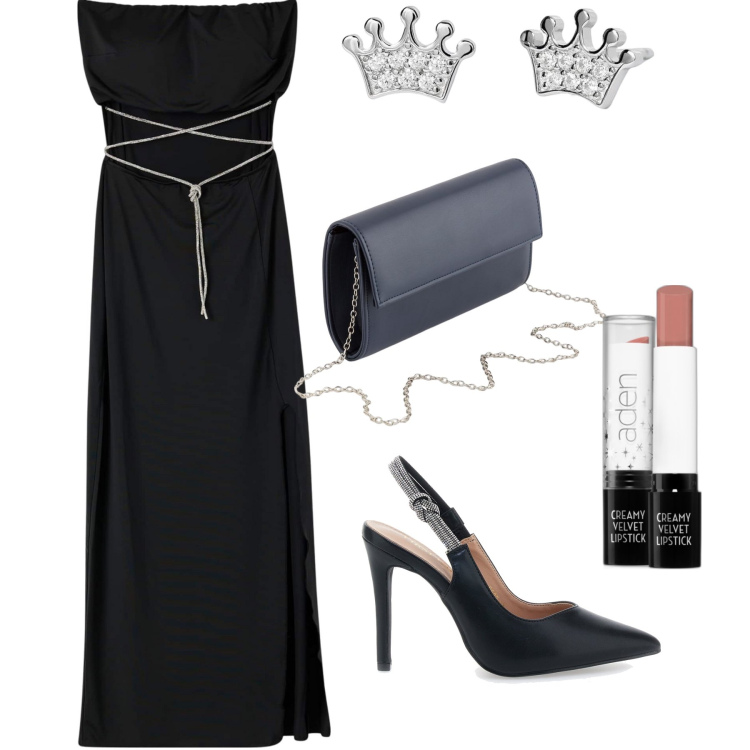 Outfit donna - Queen. Stile Glamour per Serata fuori. Abbinamento con rossetti, vestiti lunghi, orecchini, décolleté, pochette.
