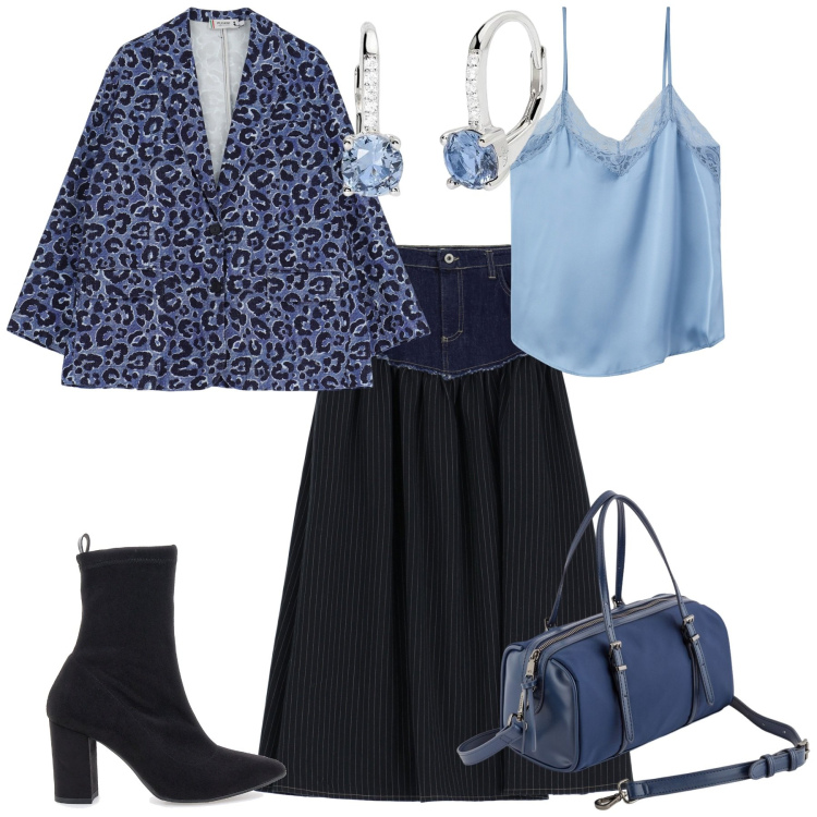 Outfit donna - Serata evento glamour. Stile Glamour per Serata fuori. Abbinamento con top, orecchini, gonne lunghe, blazer, stivaletti, borse a mano.