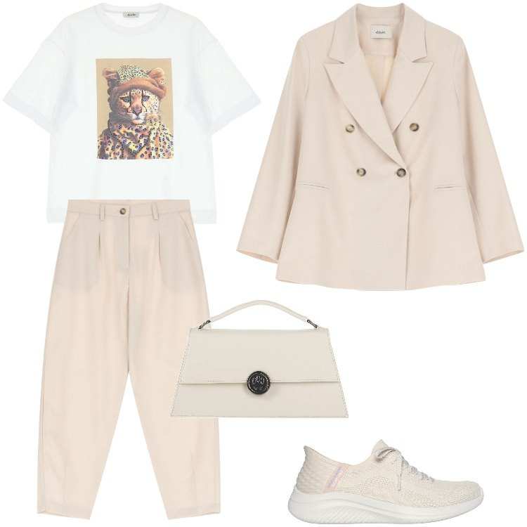 Outfit donna - Total look #2076106. Stile Sporty chic per Cerimonia. Abbinamento con borse a mano, pantaloni, blazer, t-shirt, sneakers.