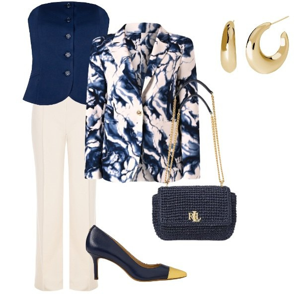 Outfit donna - pantaloni bianchi. Stile Casual chic per Tutti i giorni. Abbinamento con orecchini, top, blazer, pantaloni, décolleté, borse a spalla.