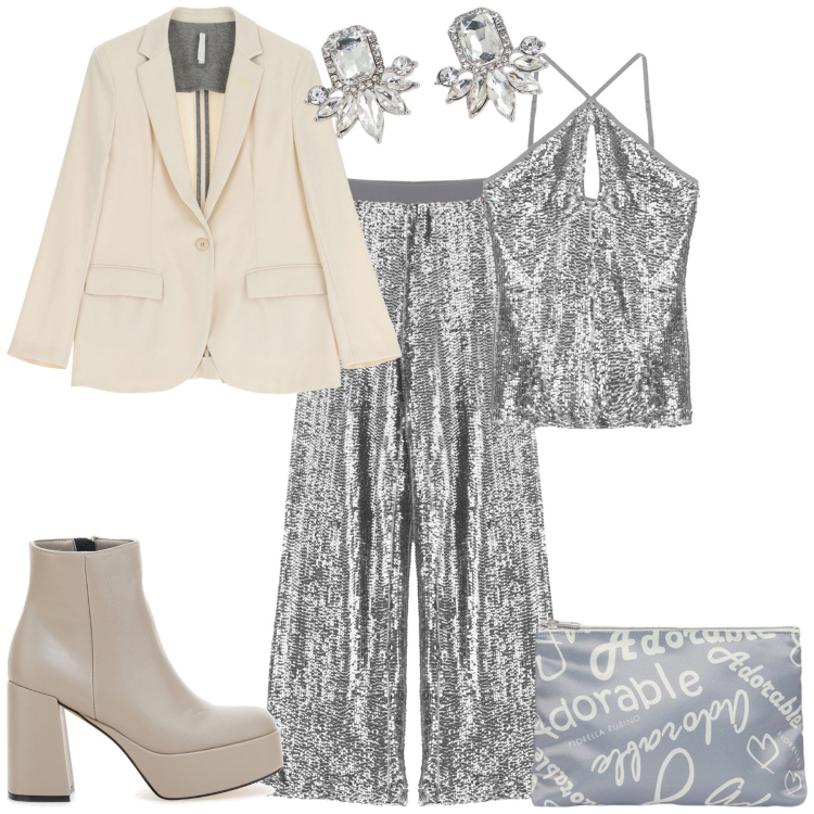 Outfit donna - Serata evento glamour. Stile Glamour per Serata fuori. Abbinamento con orecchini, pantaloni, blazer, top, stivaletti, pochette.