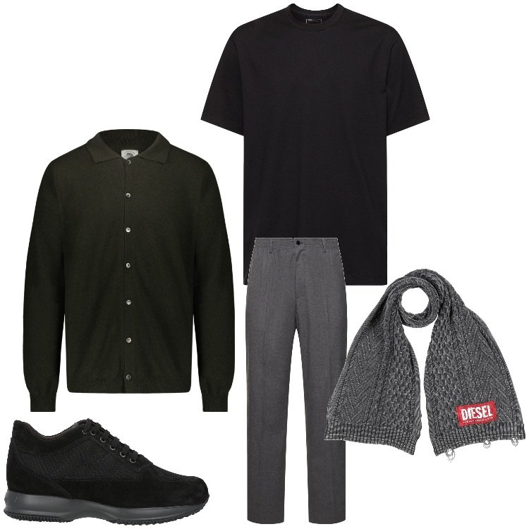 Outfit uomo - Cardigan come giacca. Stile Casual per Ufficio. Abbinamento con sneakers, sciarpe, polo, pantaloni, t-shirt.