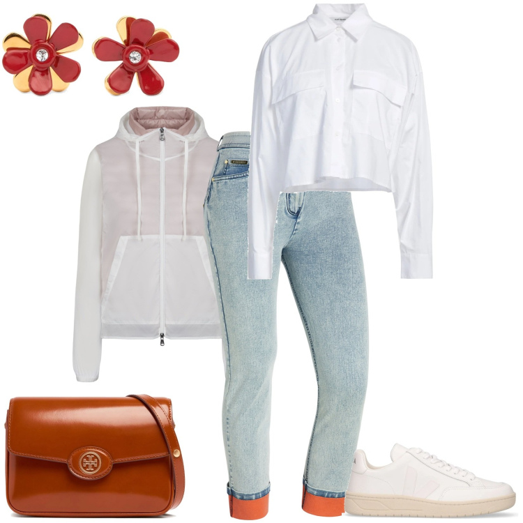 Outfit donna - Orecchini Flower. Stile Casual per Tutti i giorni. Abbinamento con camicie, jeans dritti, blazer, sneakers, borse a spalla, orecchini.