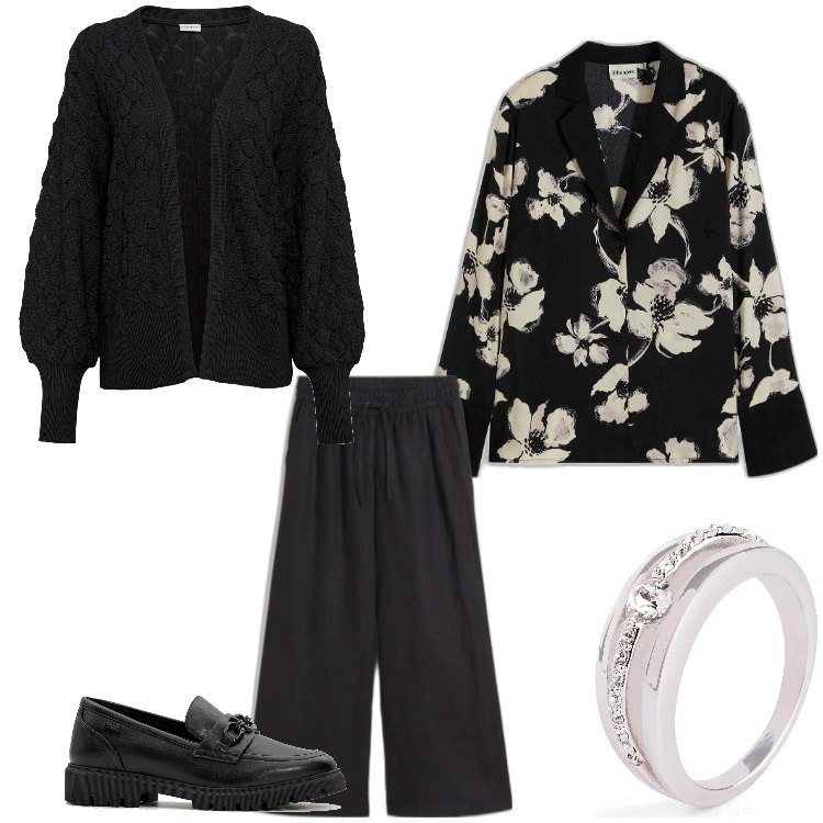 Outfit donna - Fiori e nero. Stile Basic per Tutti i giorni. Abbinamento con cardigans, anelli, bluse, pantaloni a palazzo, mocassini.
