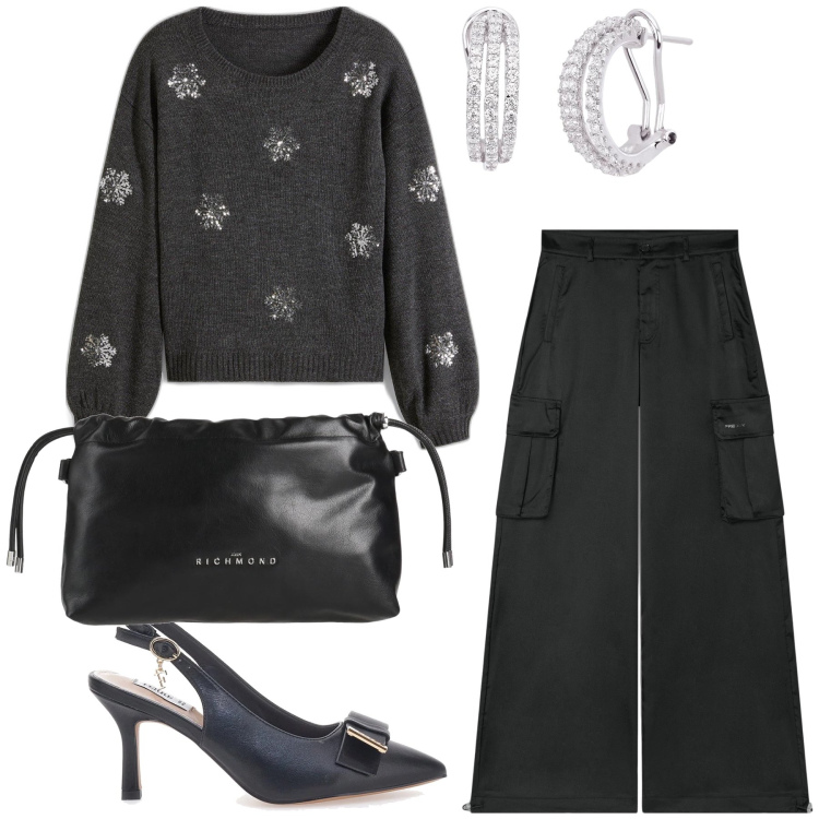 Outfit donna - La maglia gioiello. Stile Chic per Serata fuori. Abbinamento con borse a mano, maglieria, orecchini, pantaloni cargo, décolleté.