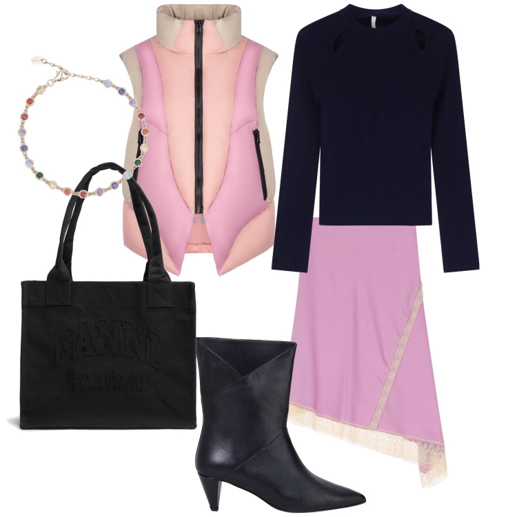 Outfit donna - La gonna elegante per l ufficio. Stile Glamour per Ufficio. Abbinamento con braccialetti, maglieria, gonne longuette, stivaletti, piumini, shopping bag.