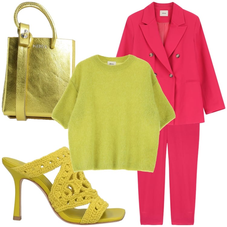 Outfit donna - Mix di colori. Stile Chic per Ufficio. Abbinamento con sandali in pelle, borse a spalla, pantaloni, blazer, maglieria.