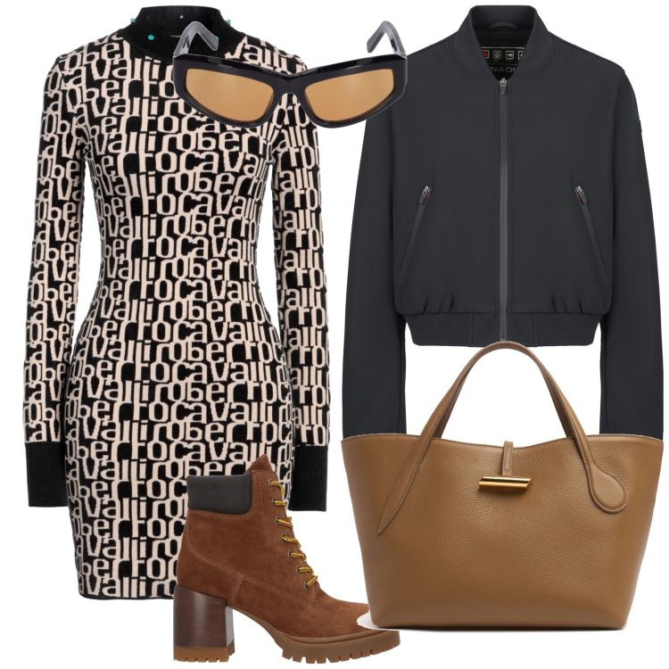 Outfit donna - Un abito wow per l appuntamento. Stile Sexy per Ufficio. Abbinamento con vestiti corti, stivaletti, bomber, occhiali da sole, shopping bag.