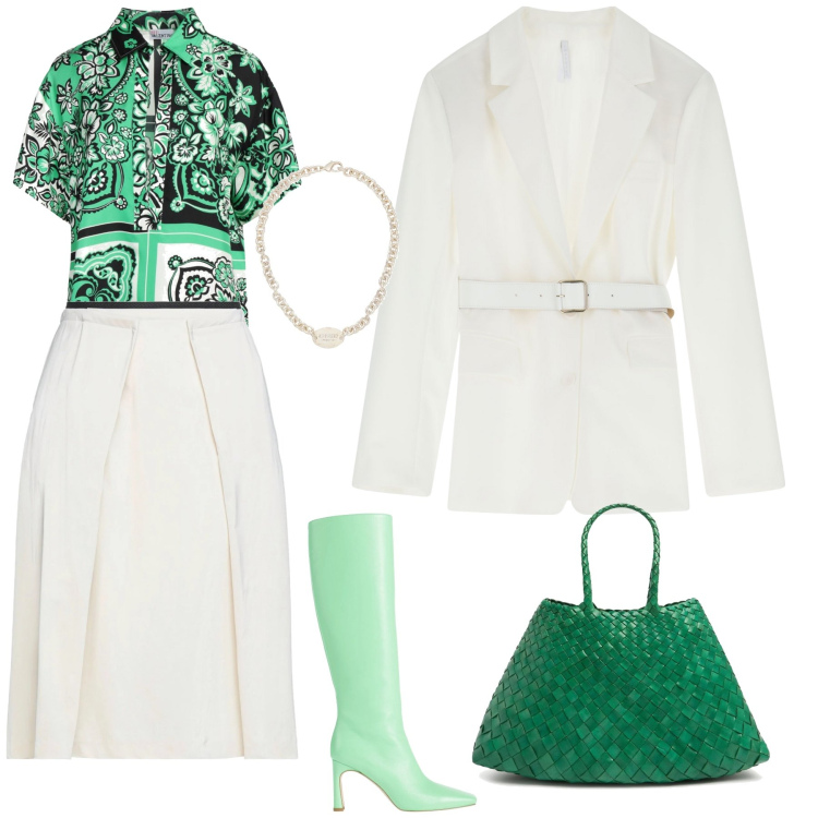 Outfit donna - Look bianco verde. Stile Bon Ton per Tutti i giorni. Abbinamento con stivali, top, collane, gonne longuette, blazer, borse a spalla.