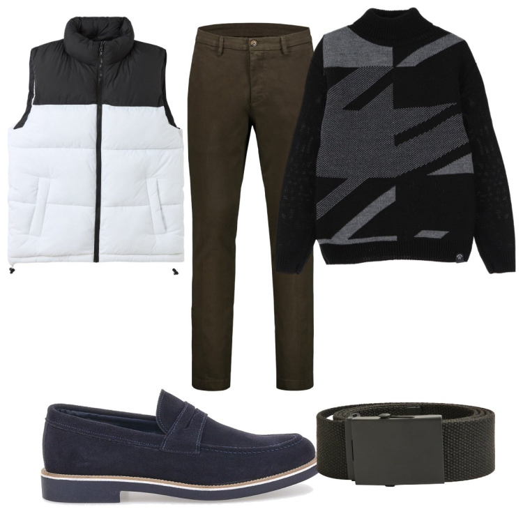 Outfit uomo - Total look #2076134. Stile Casual per Tutti i giorni. Abbinamento con piumini, cinture, maglieria, pantaloni chino, scarpe stringate.