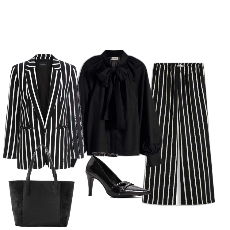 Outfit donna - Completo a righe. Stile Glamour per Tutti i giorni. Abbinamento con blazer, shopping bag, pantaloni, décolleté, camicie.