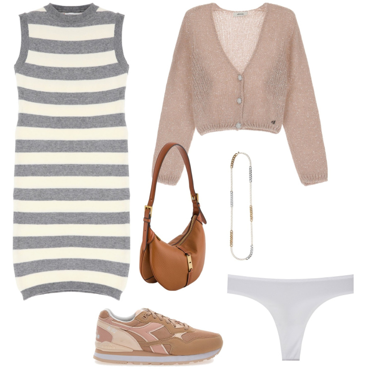 Outfit donna - Casual. Stile Casual per Tutti i giorni. Abbinamento con vestiti, perizomi, cardigans, sneakers, collane, borse a tracolla.