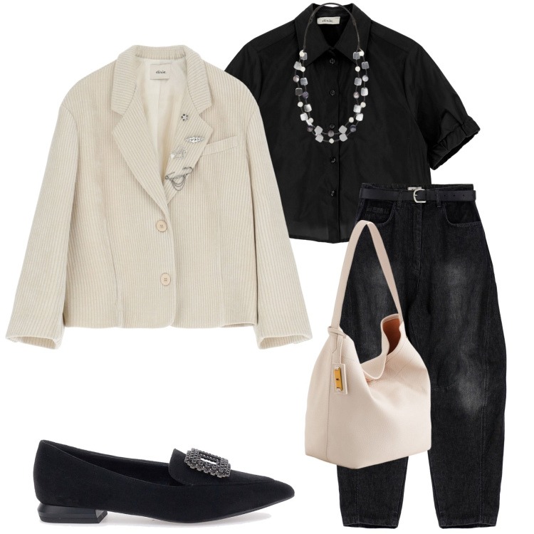 Outfit donna - In ufficio. Stile Casual chic per Ufficio. Abbinamento con jeans, blazer, camicie a manica corta, ballerine, collane, borse a tracolla.