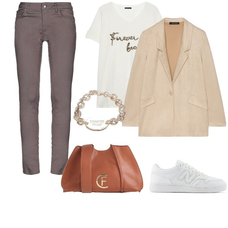 Outfit donna - Pantaloni Nocciola. Stile Casual chic per Tutti i giorni. Abbinamento con pantaloni skinny, borse a tracolla, braccialetti, sneakers, t-shirt, blazer.