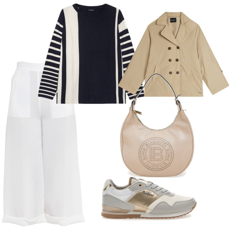 Outfit donna - Primavera tutto il giorno. per Tutti i giorni. Abbinamento con pantaloni, trench, sneakers, maglieria, borse a spalla.