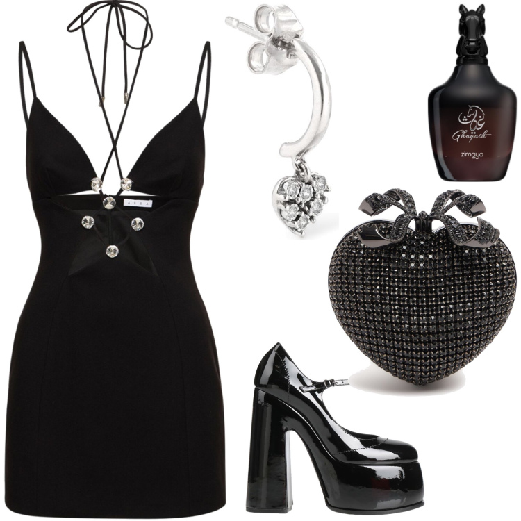 Outfit donna - Cuore sexy. Stile Sexy per Serata fuori. Abbinamento con décolleté, profumi, orecchini, pochette, vestiti.