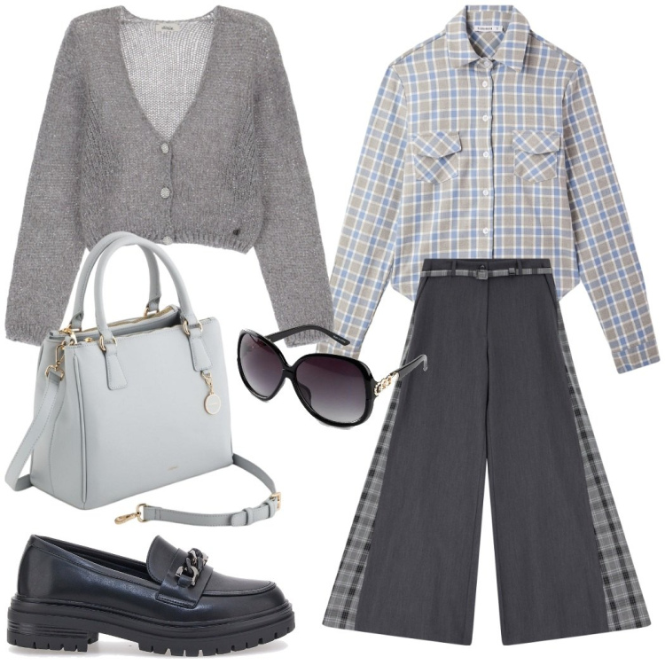 Outfit donna - Outfit ufficio. Stile Casual per Ufficio. Abbinamento con occhiali da sole, camicie, pantaloni a palazzo, cardigans, borse a mano, mocassini.