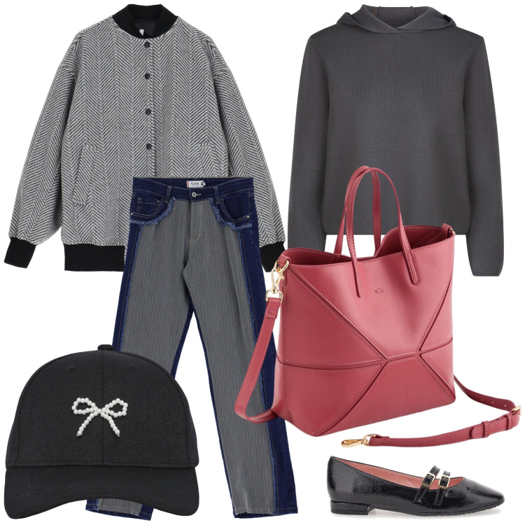 Outfit donna - Total look. Stile Urban per Tutti i giorni. Abbinamento con cappelli con visiera, jeans, bomber, ballerine, maglieria, borse a mano.