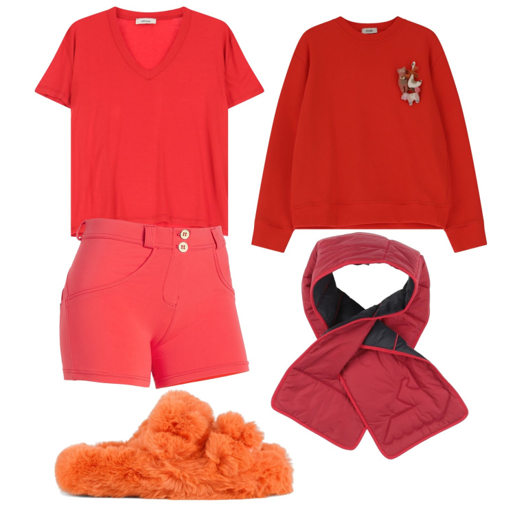 Outfit donna - Spremuta d arance a casa. Stile Basic per Tutti i giorni. Abbinamento con sciarpe, shorts, felpe, t-shirt, ciabatte.