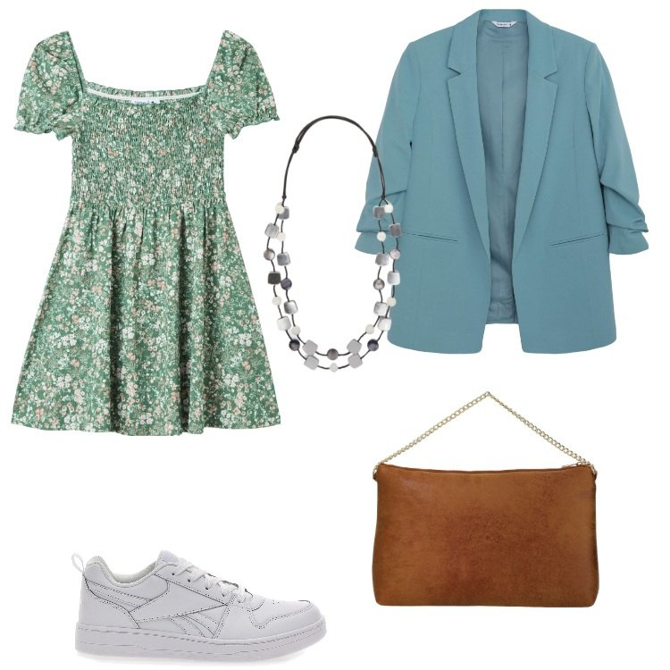 Outfit donna - Abito corto salvia. Stile Romantica per Tutti i giorni. Abbinamento con blazer, vestiti corti, pochette, sneakers, collane.