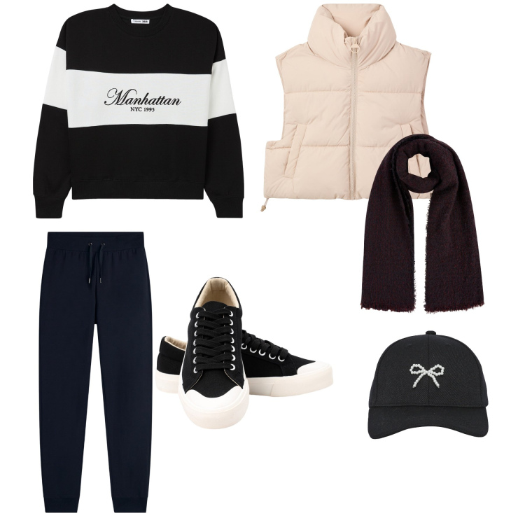 Outfit donna - Casionale. Stile Sporty chic per Tutti i giorni. Abbinamento con cappelli con visiera, felpe, piumini, pantaloni, sneakers, sciarpe.