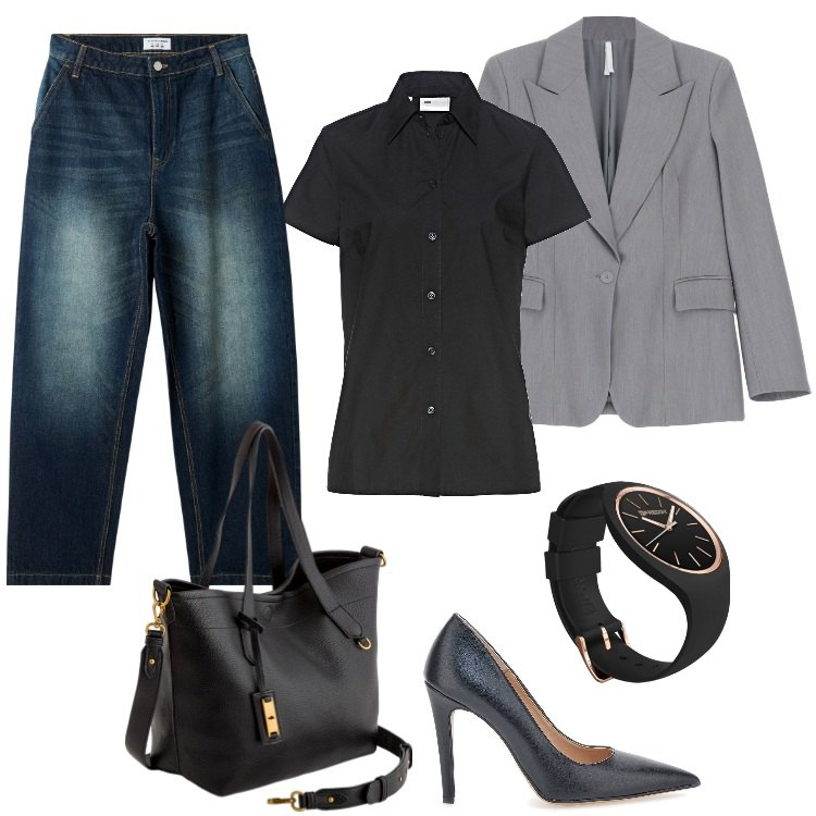Outfit donna - Blazer e jeans baggy. Stile Trendy per Serata fuori. Abbinamento con camicie a manica corta, jeans, blazer, orologi, décolleté, shopping bag.