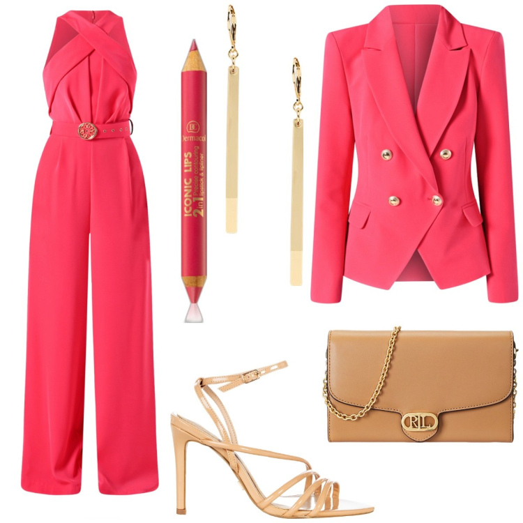 Outfit donna - Strawberry. Stile Glamour per Serata fuori. Abbinamento con rossetti, tute, blazer, sandali col tacco, orecchini, borse a tracolla.