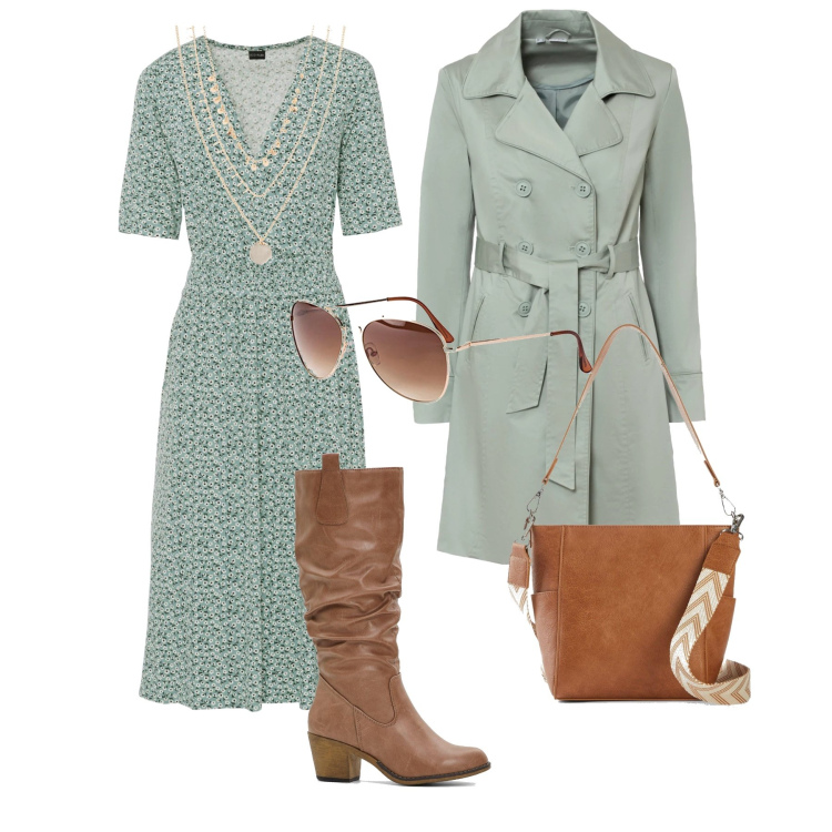 Outfit donna - Fiorellini verde pastello. Stile Romantica per Tutti i giorni. Abbinamento con vestiti, trench, collane, stivali, occhiali da sole, borse a tracolla.
