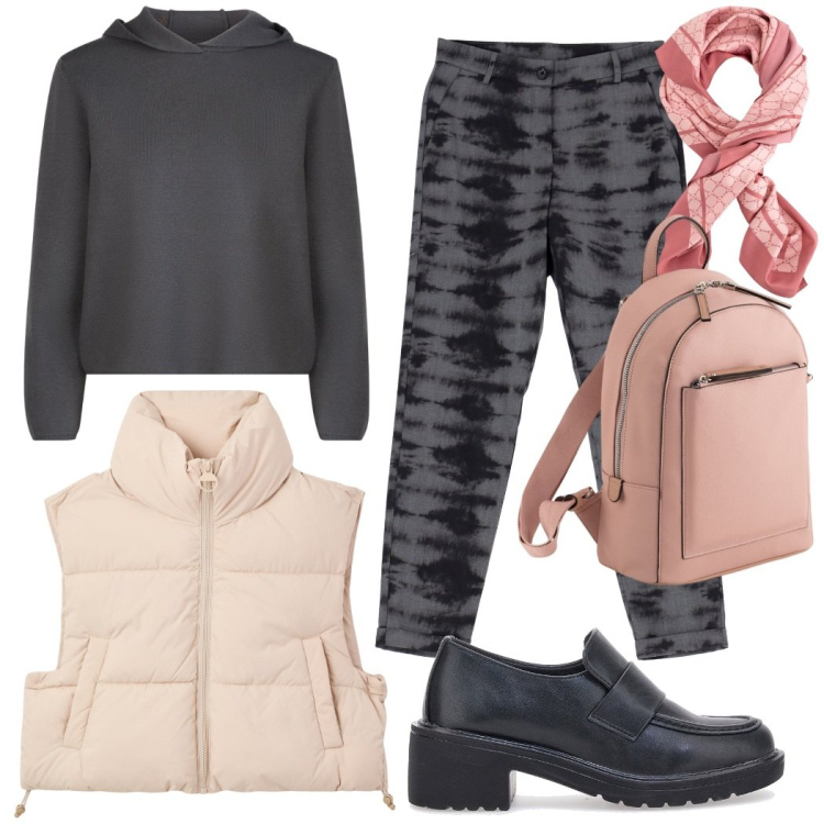 Outfit donna - Urban style. Stile Casual chic per Tutti i giorni. Abbinamento con piumini, pantaloni, mocassini, maglieria, zaini, foulard.