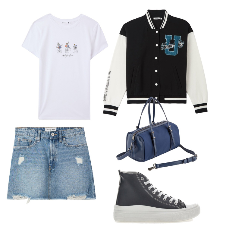 Outfit donna - Economico. Stile Casual per Tutti i giorni. Abbinamento con minigonne, t-shirt, bomber, borse a mano, sneakers.
