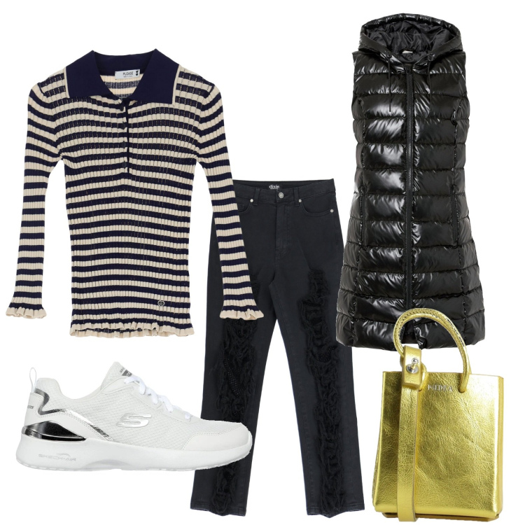 Outfit donna - Cambio armadio. Stile Casual chic per Tutti i giorni. Abbinamento con gilet, borse a spalla, maglieria, jeans strappati, sneakers.