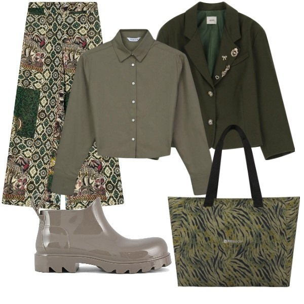 Outfit donna - Total look #2076217. Stile Trendy per Tutti i giorni. Abbinamento con camicie, shopping bag, pantaloni a palazzo, blazer, stivali.