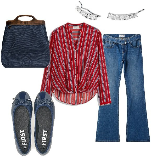 Outfit donna - A spasso per la città. Stile Trendy per Tutti i giorni. Abbinamento con camicie, jeans a zampa, orecchini, ballerine, borse a tracolla.